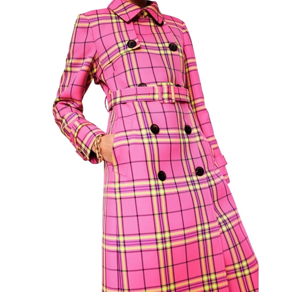 NWT Boden Cheltenham Trench Coat Pink Neon Check Plaid Women's US 4R